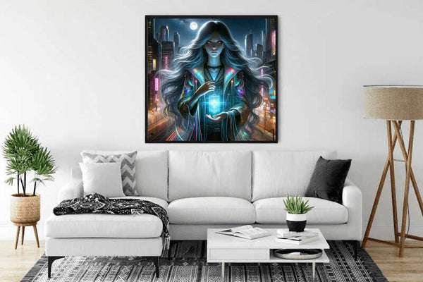 Painting of cyber diva under moonlight in modern living room setting
