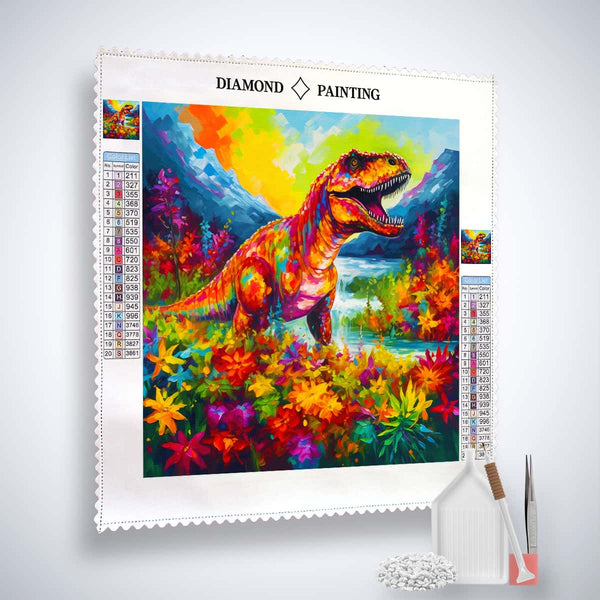 AB Diamond Painting Kit T-Rex bunt – farbenfrohes Dinosauriermotiv, Kunstleinwand mit Acryl Diamonds, Pinzette und Setzwerkzeug