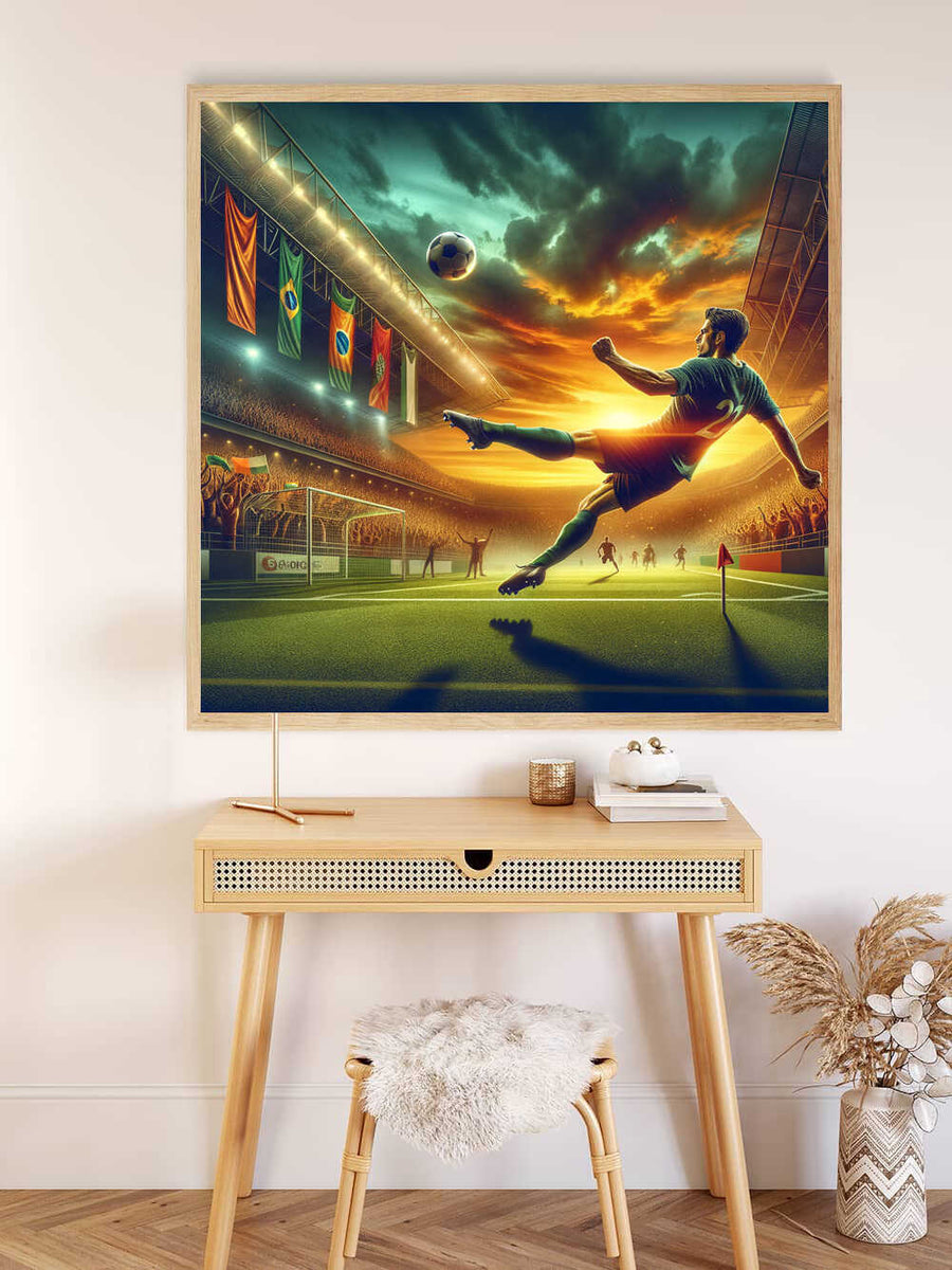 A vibrant "Malen nach Zahlen" painting titled "Triumph am Abendhimmel" depicting a soccer player kicking a ball in a stadium at sunset.
