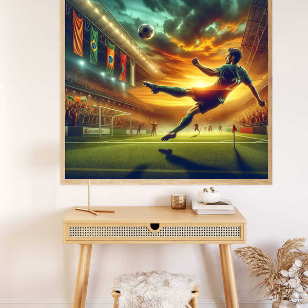 A vibrant "Malen nach Zahlen" painting titled "Triumph am Abendhimmel" depicting a soccer player kicking a ball in a stadium at sunset.