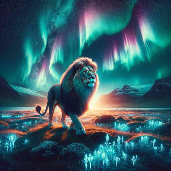 Lion standing majestically under vibrant Northern Lights in a serene landscape, representing the 