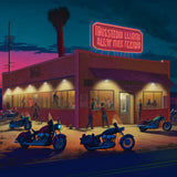 Neon-lit diner with motorcycles parked outside under a night sky