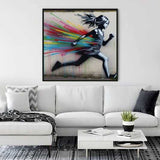 Modern living room with a white sofa and a vibrant painting of a running girl with colorful streaks on the wall.