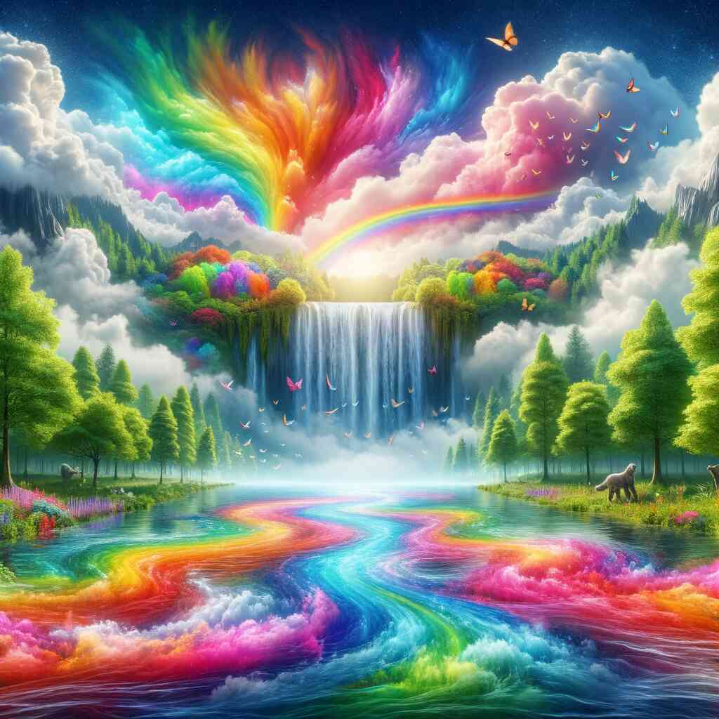 Painting by numbers kit featuring a vibrant rainbow river flowing through flower meadows with colorful clouds and a waterfall in the background.