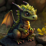 Adorable green dragon figurine with bright yellow wings, sitting on rocks surrounded by leaves in a magical forest setting