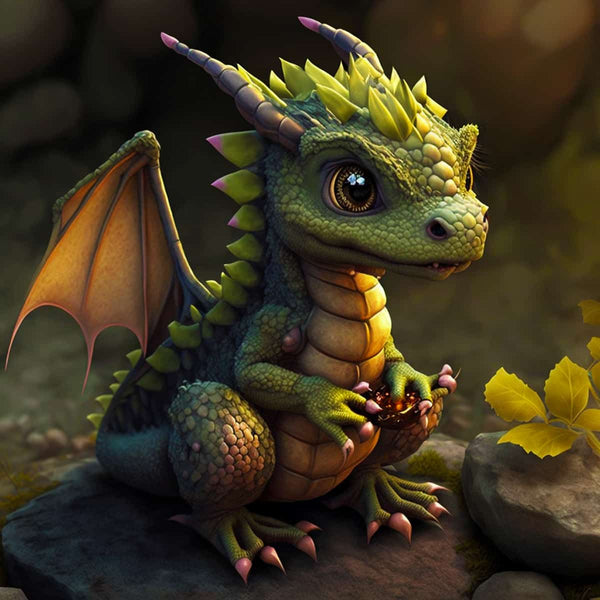 Adorable green dragon figurine with bright yellow wings, sitting on rocks surrounded by leaves in a magical forest setting
