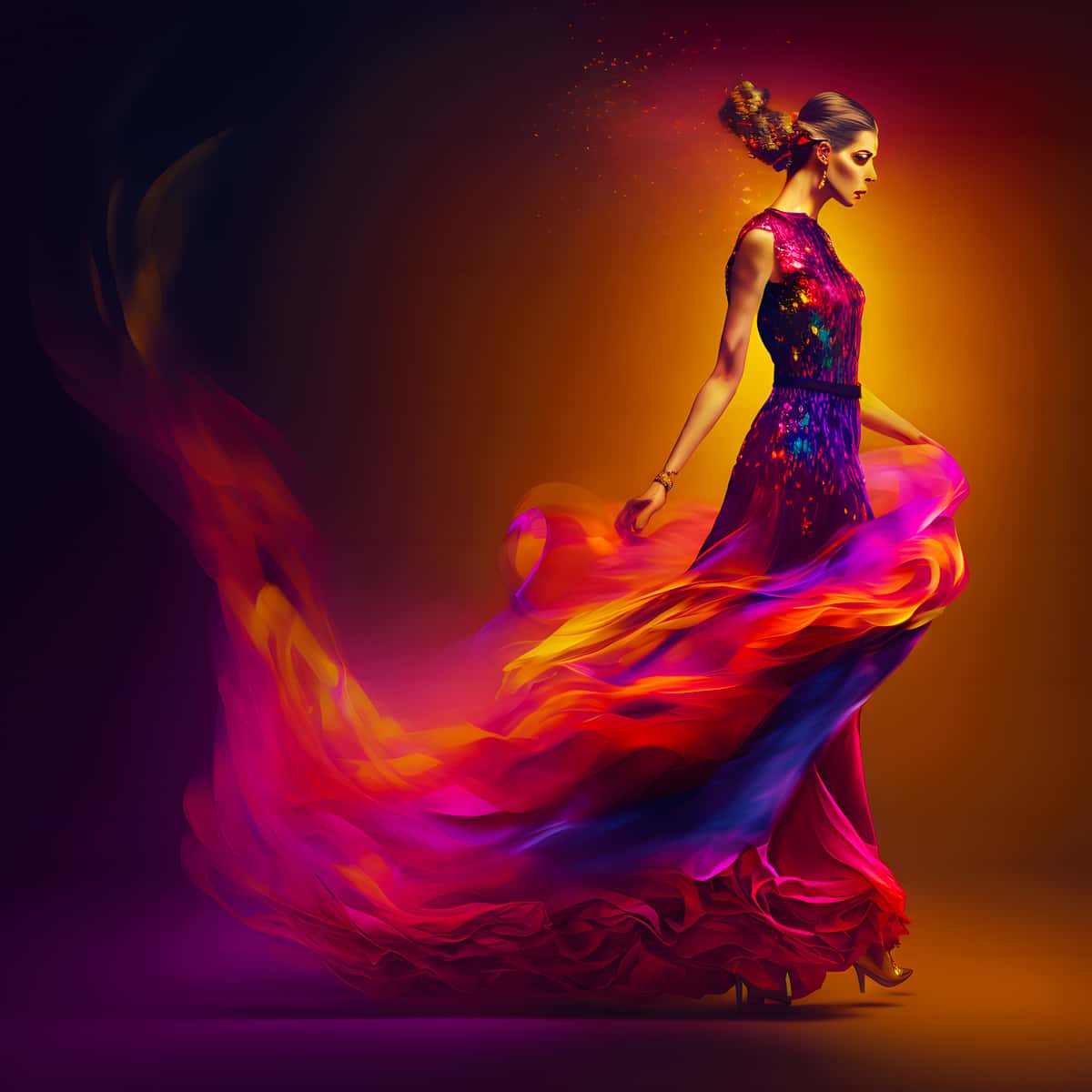 Elegant woman in a vibrant, flowing dress with colorful swirls, representing art in motion against a vivid, dark background.