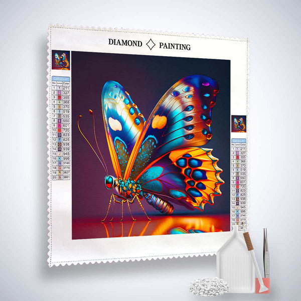 Diamond Painting Kit - Schmetterling Orange with colorful butterfly design, including canvas, acrylic diamonds, tweezers, and setzstift