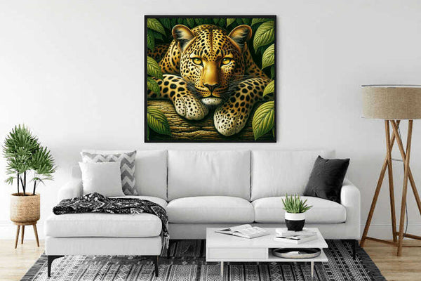 Diamond Painting - Leopard Portrait elegantly displayed above a stylish white sofa in a modern living room.