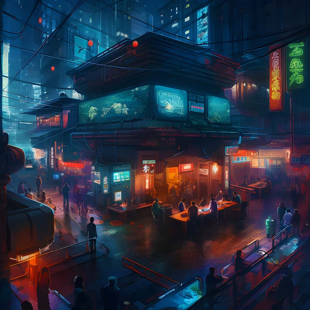 Futuristic cyberpunk street scene at night with neon lights and people in a modern city setting.