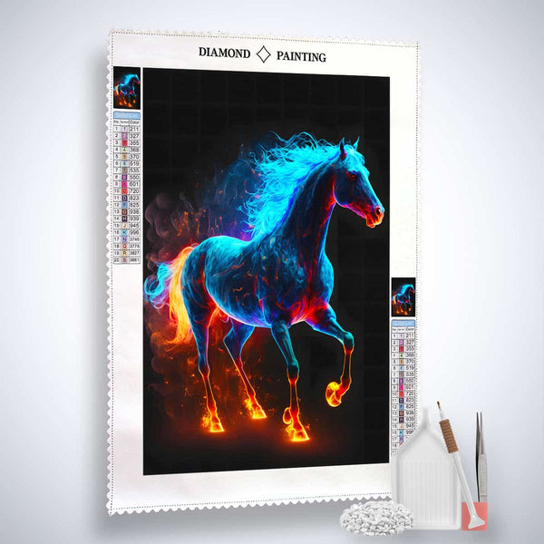 AB Diamond Painting Kit featuring a vibrant Fire Horse design with included canvas, acrylic diamonds, artist tweezers, and pen set.