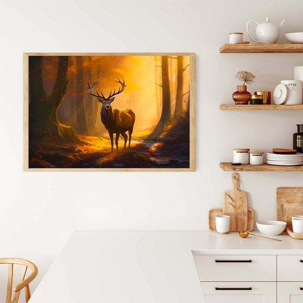 Malen nach Zahlen - Hirsch im goldenen Wald Kunstwerk an Küchenwand, entspannte Atmosphäre.