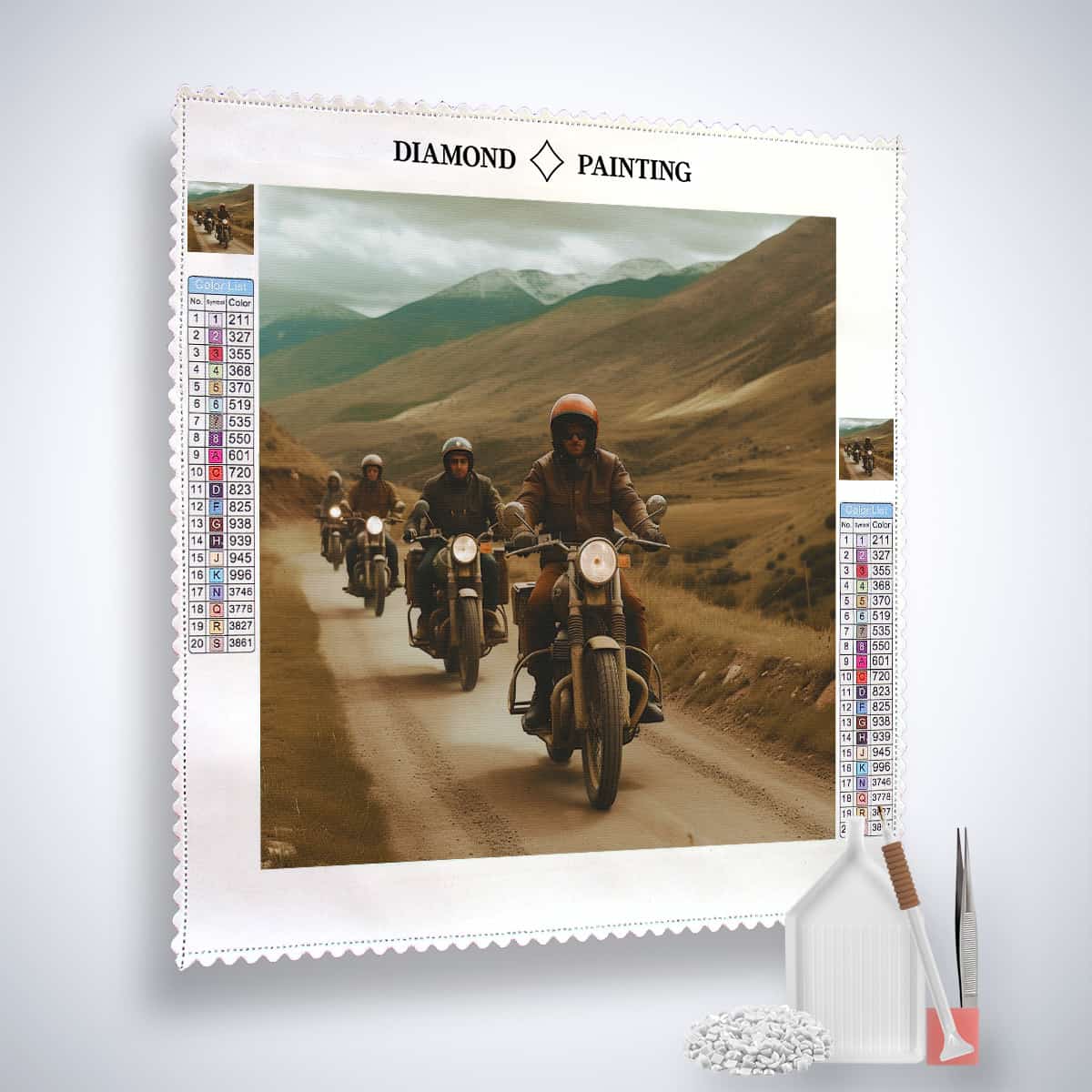 Diamond Painting Kit featuring riders on motorcycles in a scenic mountainous landscape, including canvas, acrylic diamonds, tweezers, and setting pen.
