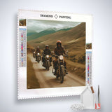 Diamond Painting Kit featuring riders on motorcycles in a scenic mountainous landscape, including canvas, acrylic diamonds, tweezers, and setting pen.