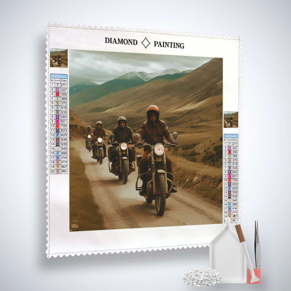 Diamond Painting Kit featuring riders on motorcycles in a scenic mountainous landscape, including canvas, acrylic diamonds, tweezers, and setting pen.