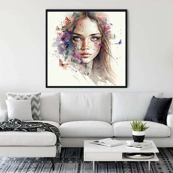 Elegante Malen nach Zahlen Leinwand im Wohnzimmer, zeigt ein Porträt einer Frau mit bunten Aquarell- und Pinselstrichen