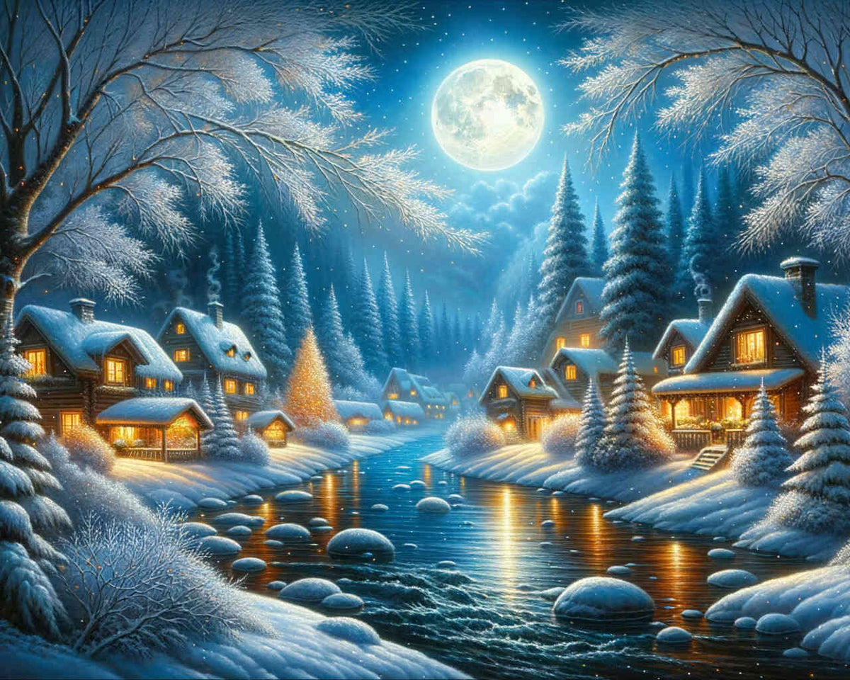 Malen nach Zahlen - Winterdorf am Fluss