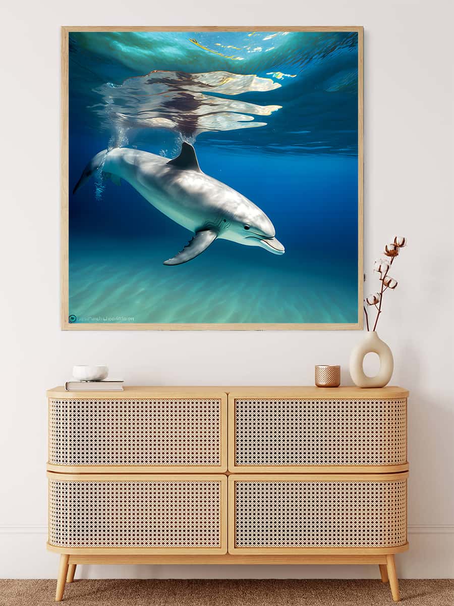 Wandkunstbild Malen nach Zahlen - Delfin schwimmt, perfekt für eine beruhigende und entspannende Raumdekoration.