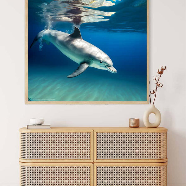 Wandkunstbild Malen nach Zahlen - Delfin schwimmt, perfekt für eine beruhigende und entspannende Raumdekoration.