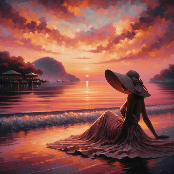 Malen nach Zahlen - Frau am Strand mit Sonnenschirm und Hut