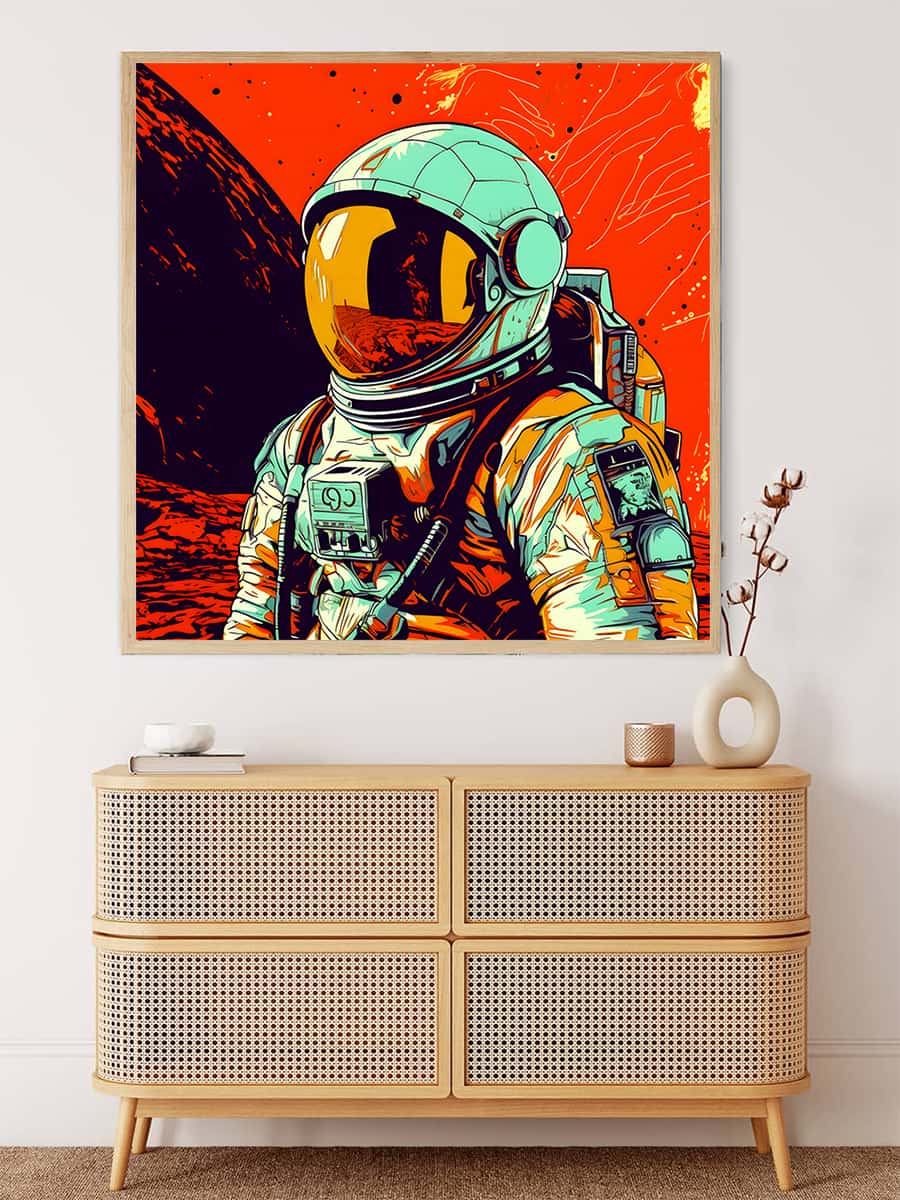 Malen nach Zahlen Astronaut Wandkunst über einer modernen Kommode, ideales beruhigendes Kunstwerk für Ihr Zuhause.