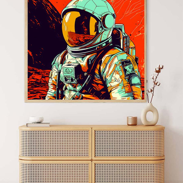 Malen nach Zahlen Astronaut Wandkunst über einer modernen Kommode, ideales beruhigendes Kunstwerk für Ihr Zuhause.