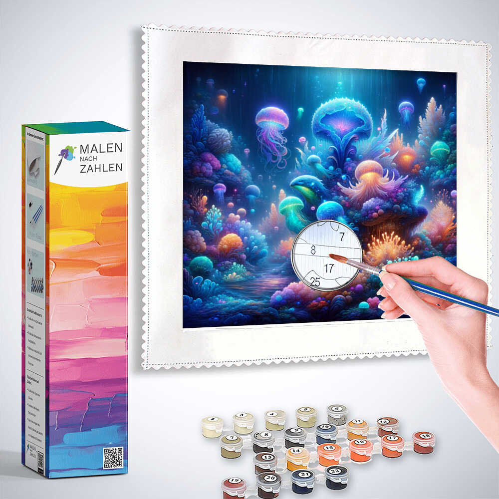 Painting by numbers kit Malen nach Zahlen - Geheimnisvolle Tiefsee with colorful marine scene and painting accessories