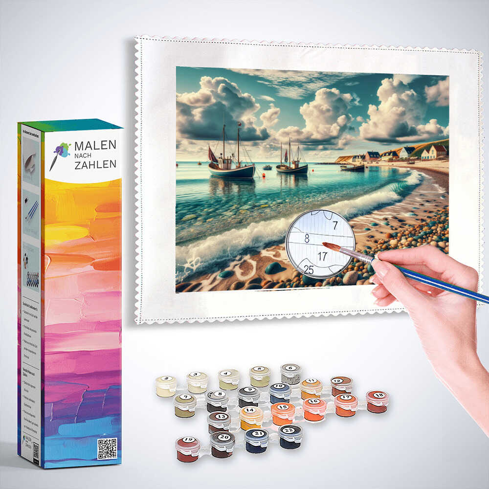 Malen nach Zahlen Set - Küstenflüstern, zeigt friedliches Fischerdorf mit Booten & pastellfarbenem Himmel, Box & Farben enthalten.