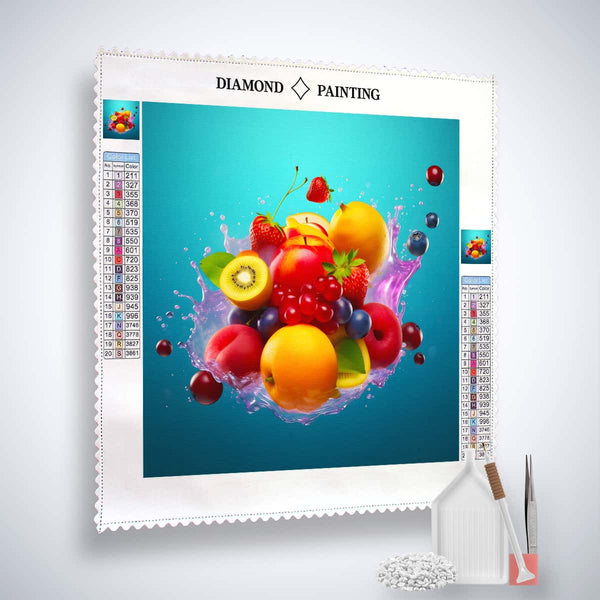 Diamond Painting Kit - Fruchtcocktail Blau with vibrant fruits on professional canvas and included tools