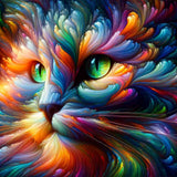 Malen nach Zahlen - Katze Farbenspiel in leuchtenden Farben mit strahlend grünen Augen, kunstvoll detailiertes Fell, abstrakt-expressive Darstellung.