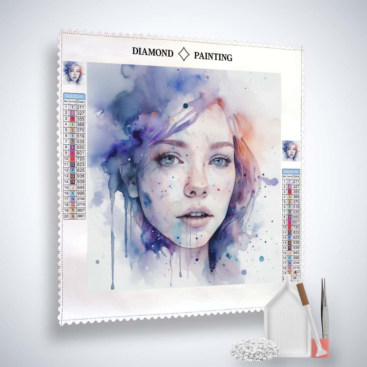 Diamond Painting Kit - Zarte Verspieltheit with a water-color style image of a woman's face, complete with tools and acrylic diamonds.