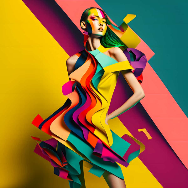 Woman in a vibrant, abstract dress with colorful geometric patterns in a diamond painting art style against a multicolored background.