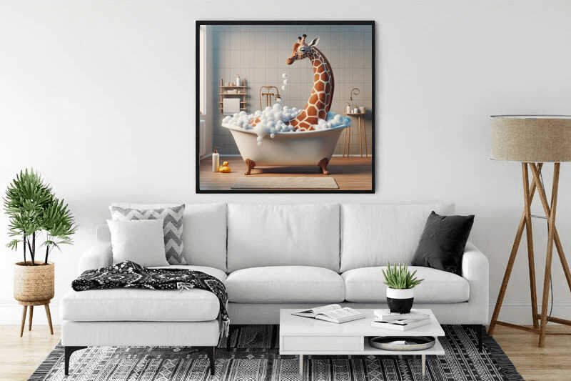 Living room with framed painting of a giraffe soaking in a bathtub filled with bubbles, modern decor elements, white sofa, and green plants.