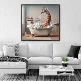 Living room with framed painting of a giraffe soaking in a bathtub filled with bubbles, modern decor elements, white sofa, and green plants.