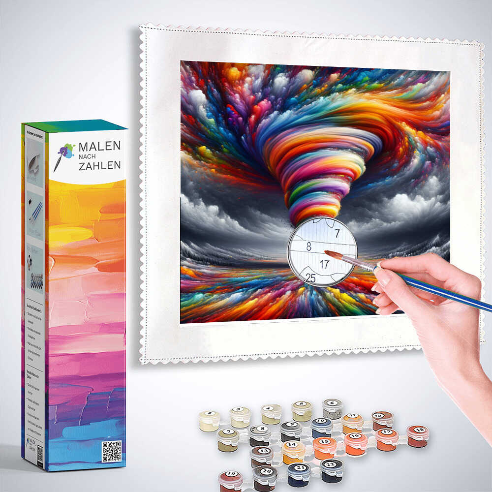 Person painting a vibrant abstract color whirl with Malen nach Zahlen kit, surrounded by paint pots and box packaging.