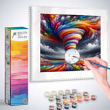 Person painting a vibrant abstract color whirl with Malen nach Zahlen kit, surrounded by paint pots and box packaging.