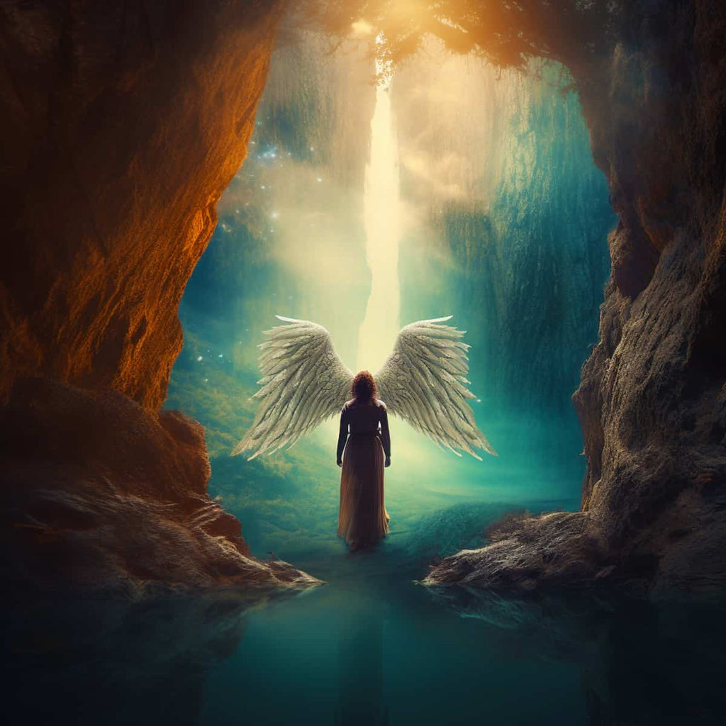 Angel with glowing wings standing in a cave with light shining down, titled "Malen nach Zahlen - Engel Lichtschein"