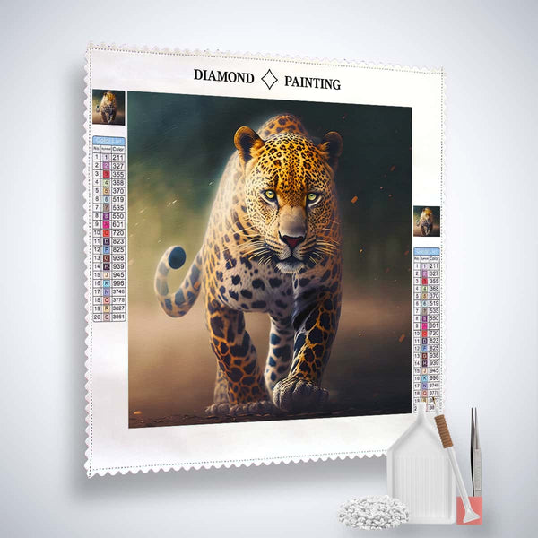 Diamond Painting Kit with Prachtvoller Leopard design, featuring canvas, acrylic diamonds, tweezers, and setzstift tool set.