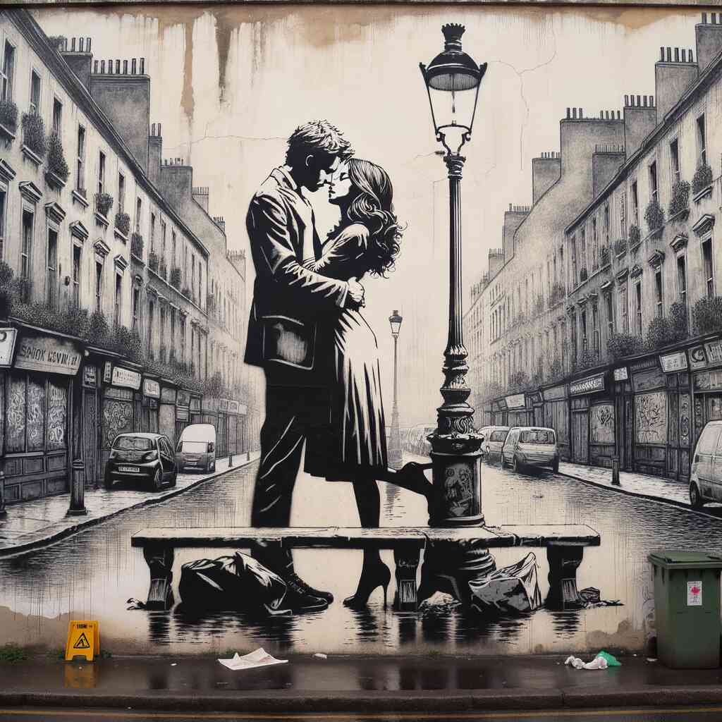 Street art mural of a couple in love kissing by a lamppost in a romantic, deserted street in Paris.