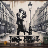 Street art mural of a couple in love kissing by a lamppost in a romantic, deserted street in Paris.