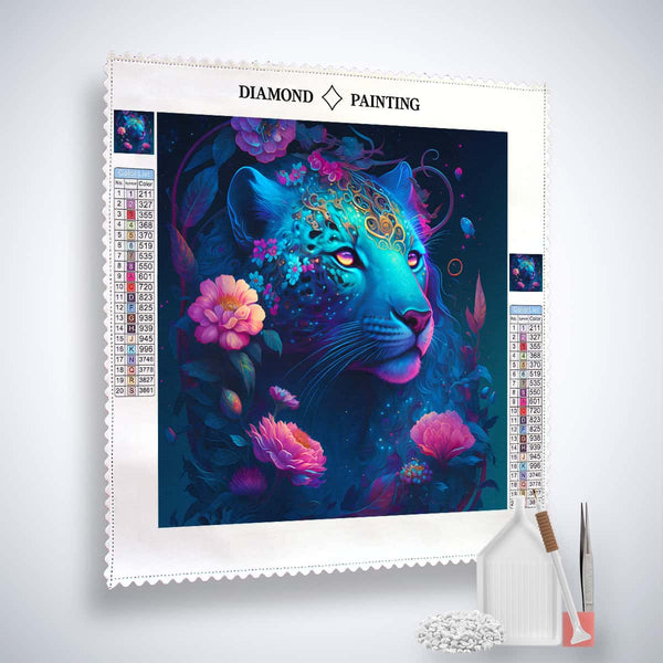 AB Diamond Painting - Mystische Raubkatze mit floralen Akzenten und Zubehörset für kreatives Kunsthandwerk.
