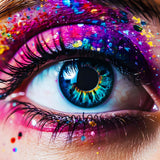Close-up of a vibrant eye with colorful makeup and sparkling glitter, reminiscent of diamond painting artistry.