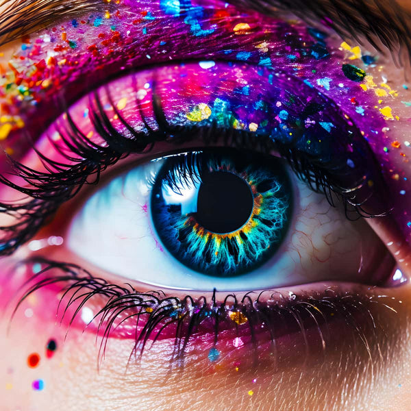 Close-up of a vibrant eye with colorful makeup and sparkling glitter, reminiscent of diamond painting artistry.