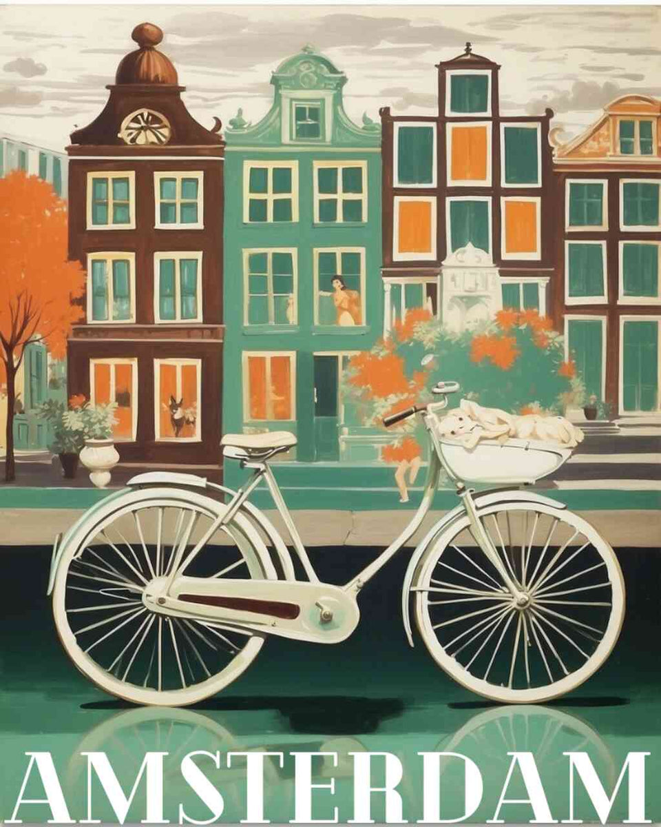 Bicycle in front of colorful Amsterdam houses, reminiscent of an idyllic city scene.