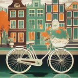 Bicycle in front of colorful Amsterdam houses, reminiscent of an idyllic city scene.