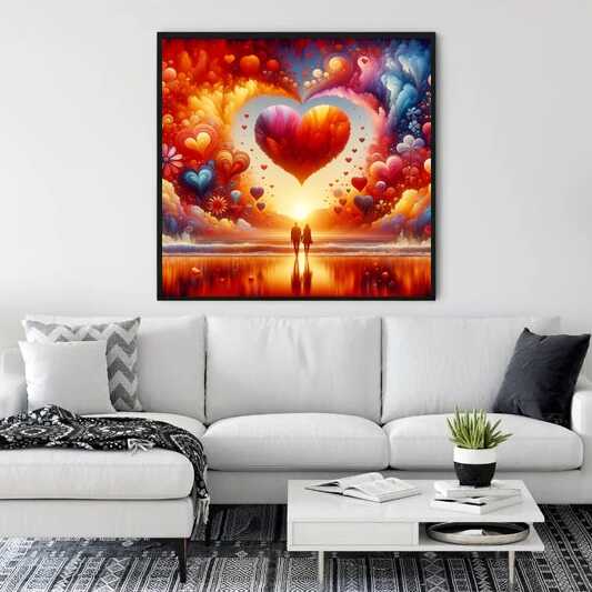 "Malen nach Zahlen - Herzensglut painting of romantic couple with heart-shaped sunset displayed in modern living room"