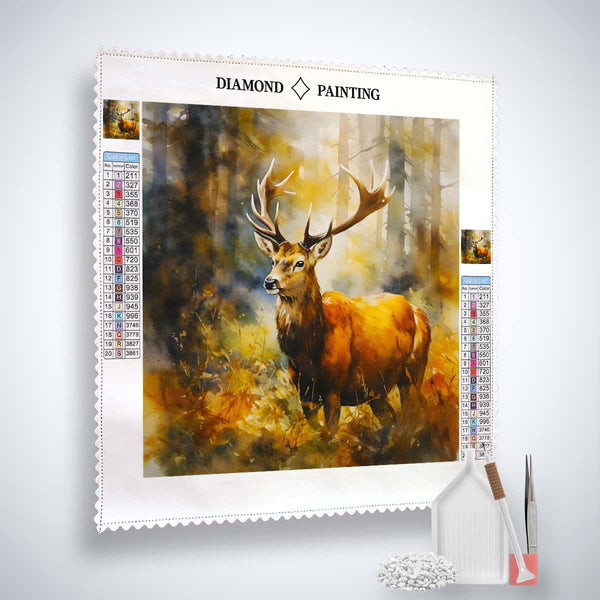 Diamond Painting Kit with a Majestic Stag in the Forest, including professional canvas, acrylic diamonds, tweezers, and setting tools