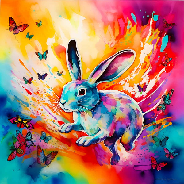 Vibrant diamond painting of a colorful rabbit dancing with butterflies against a multicolored background.