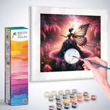 Painting by numbers kit showing a person painting a mystical fairy scene, 