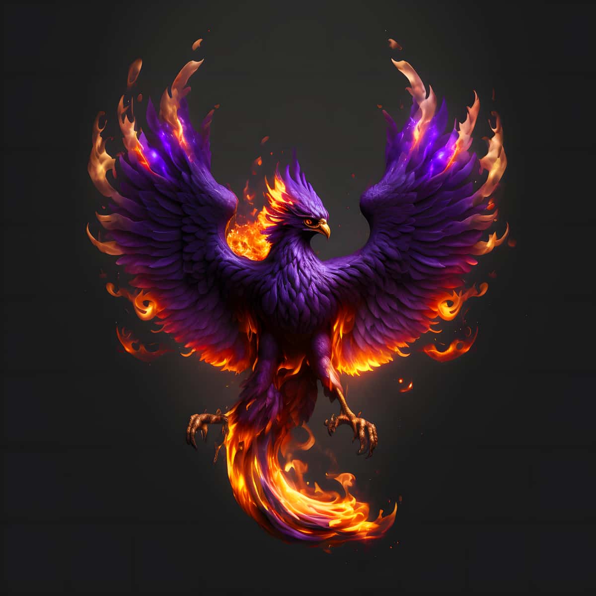 Purple and orange phoenix with flaming wings against a dark background, representing the "Malen nach Zahlen - Phönix Lila" painting kit.